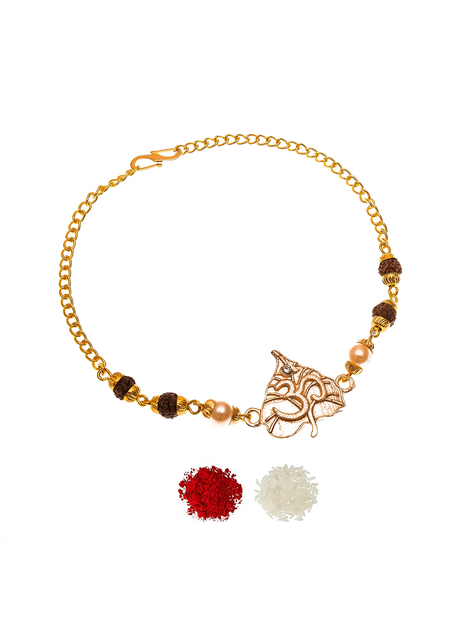 Aadita Leaf-Shaped Ganesh Rudraksh Bracelet Rakhi with Pearls