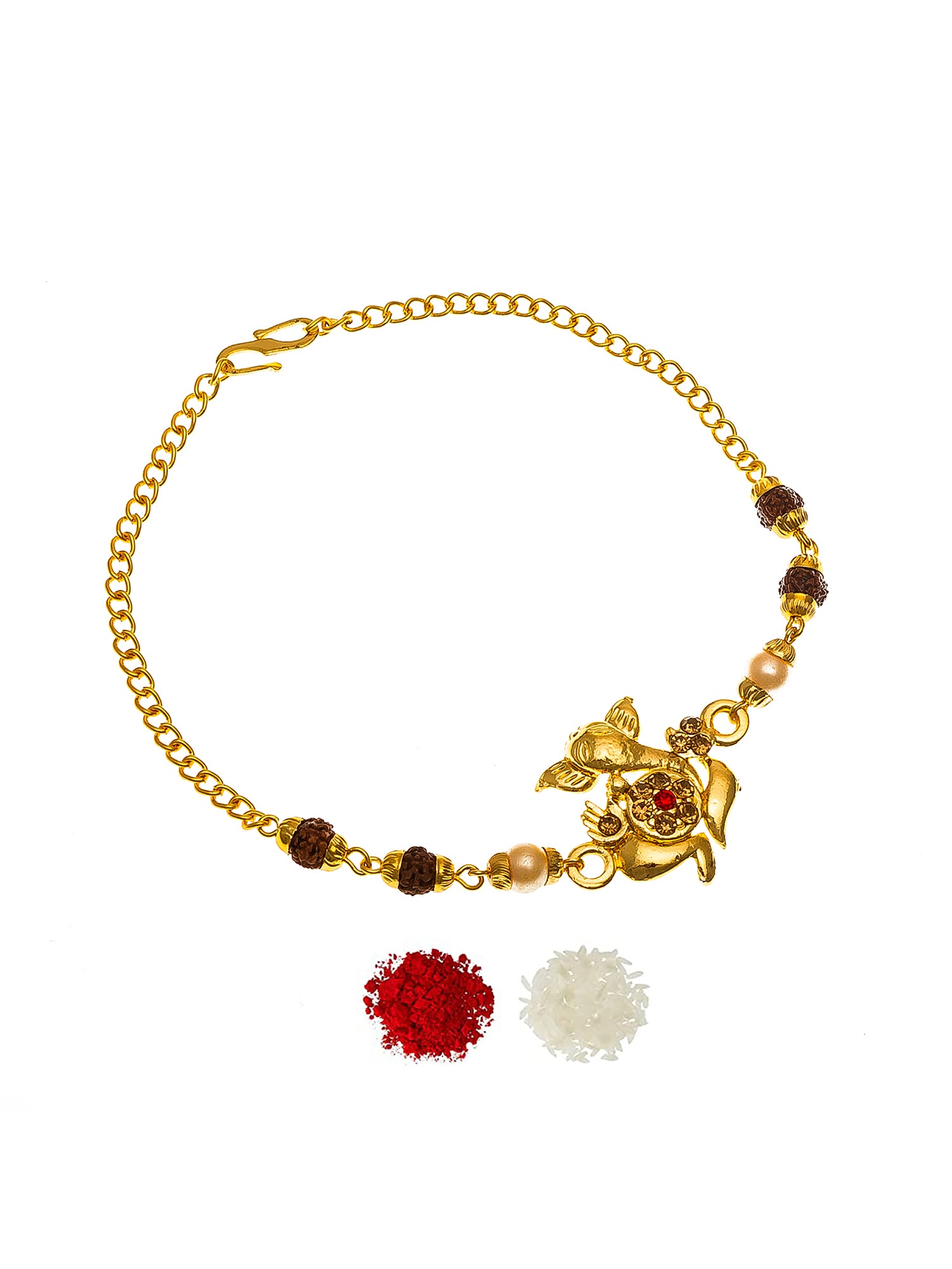 Aadita Ganesh Rudraksh Bracelet Rakhi with Pearl & Red Stone Detailing