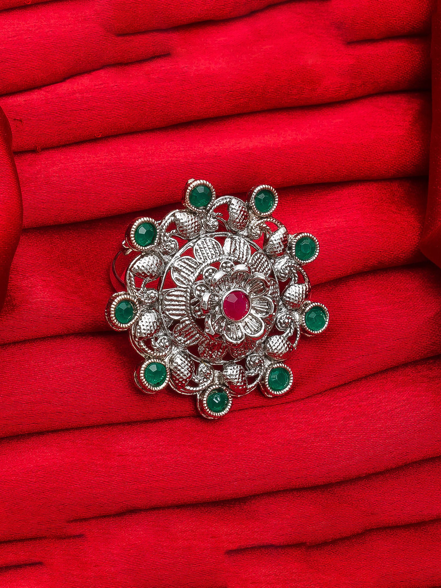 Aadita Intricate Filigree Floral Ring with Red Center Stone