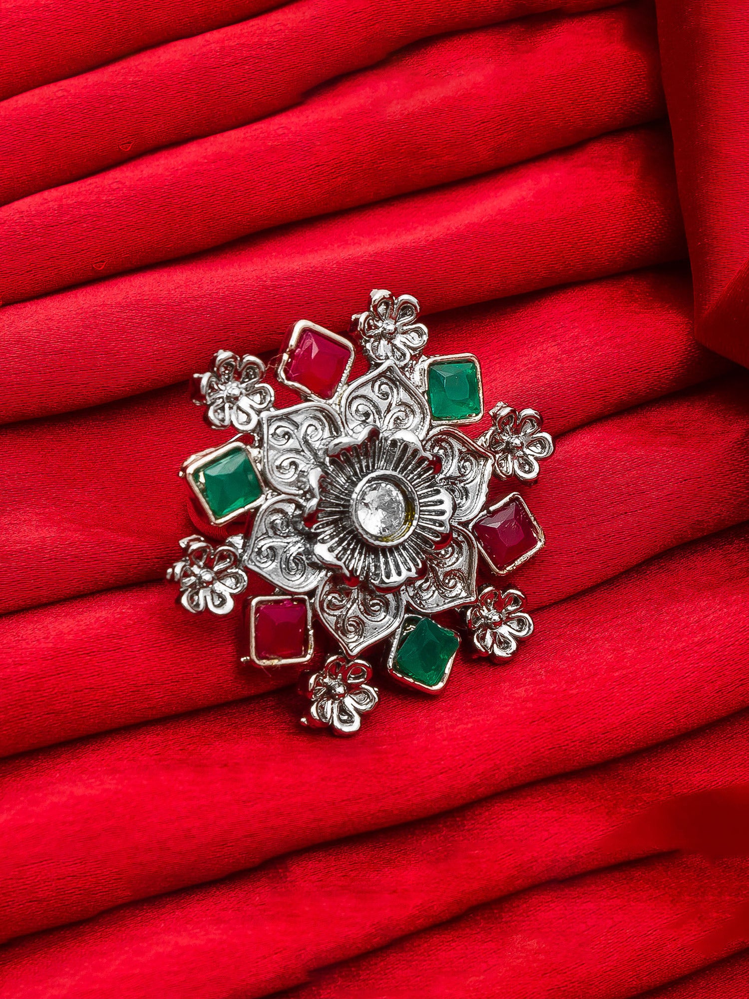 Aadita Geometric Snowflake Ring with Square Cut Stones