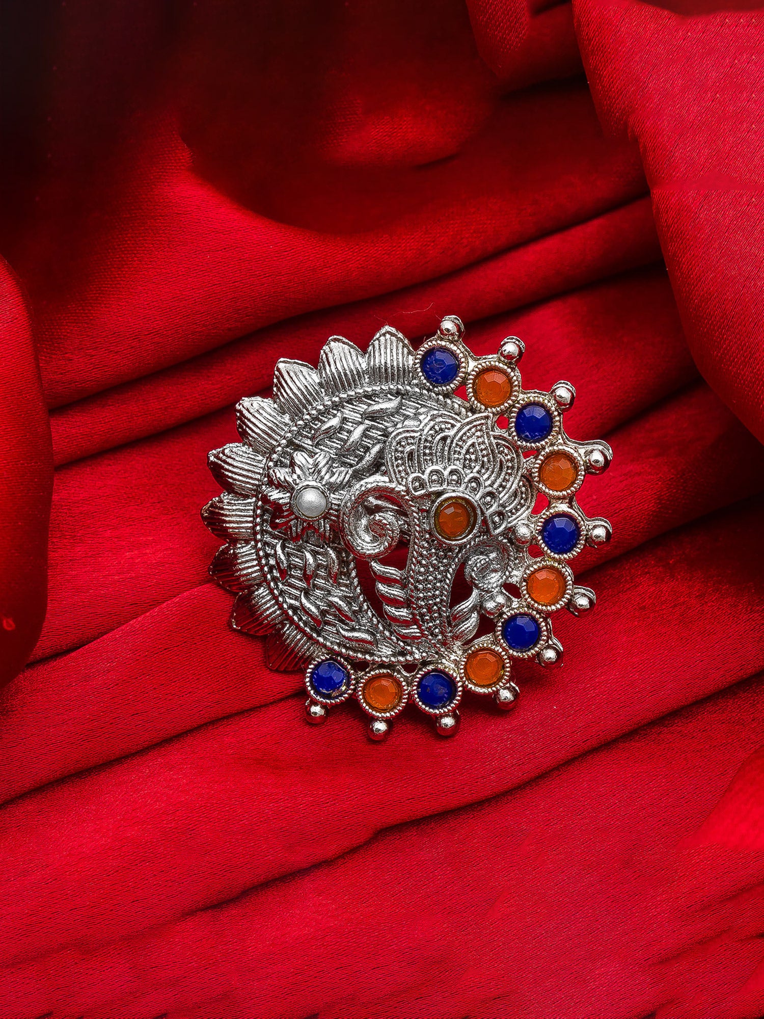 Aadita Oxidized Silver Peacock Motif Ring with Blue and Orange Accents