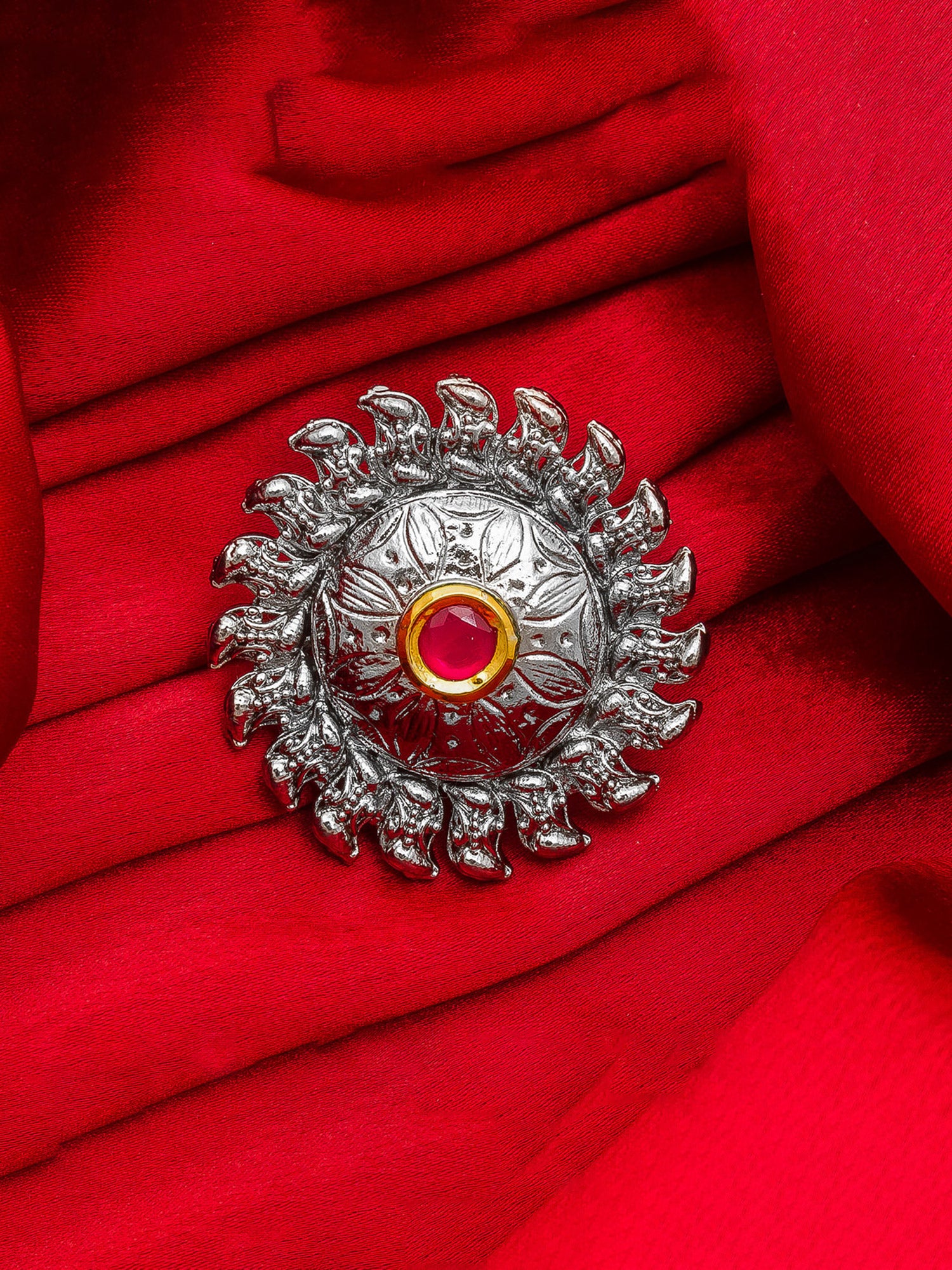 Aadita Traditional Oxidized Circular Ring with Central Red Stone