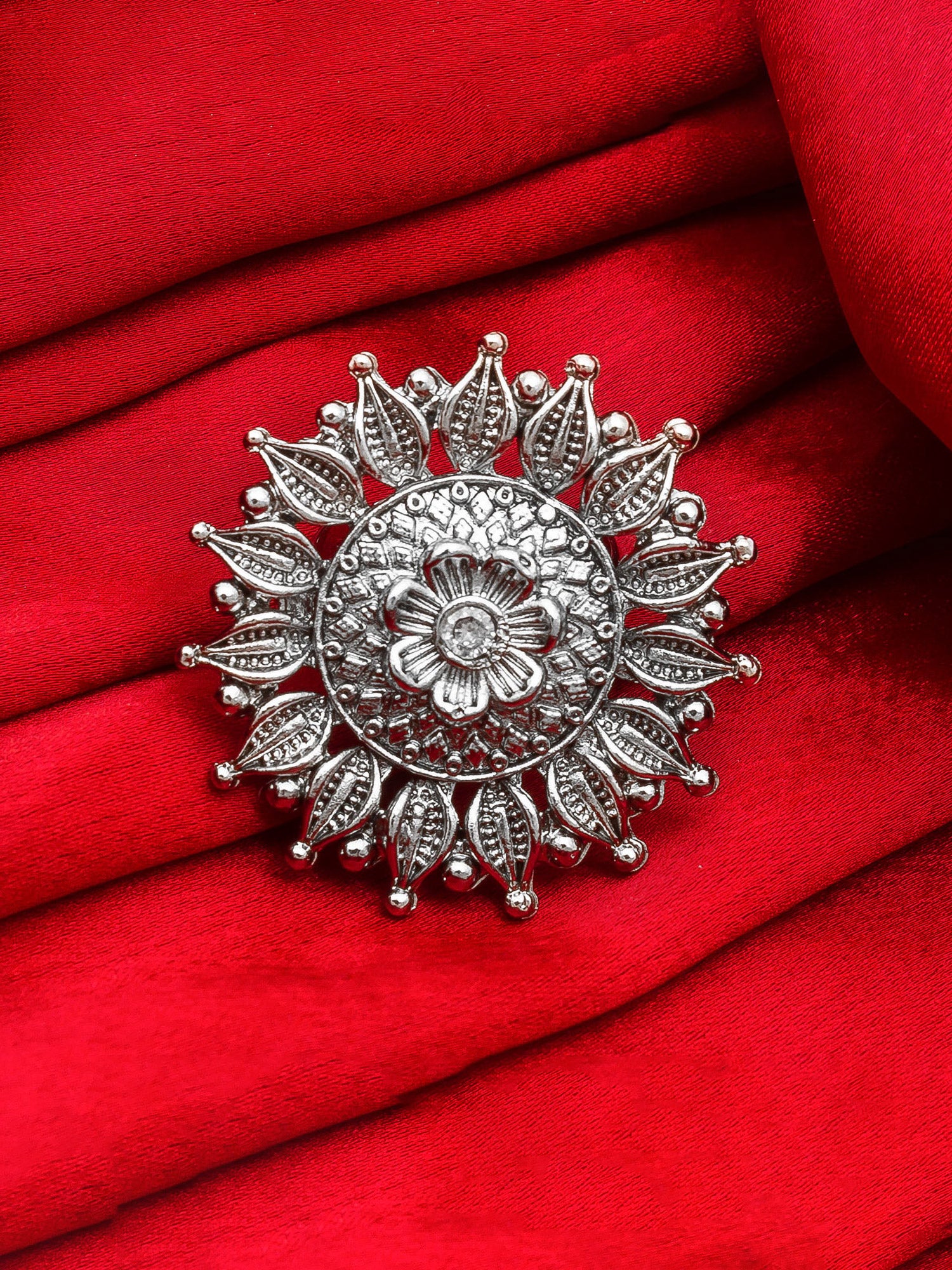 Aadita Oxidized Silver Sunburst Floral Ring