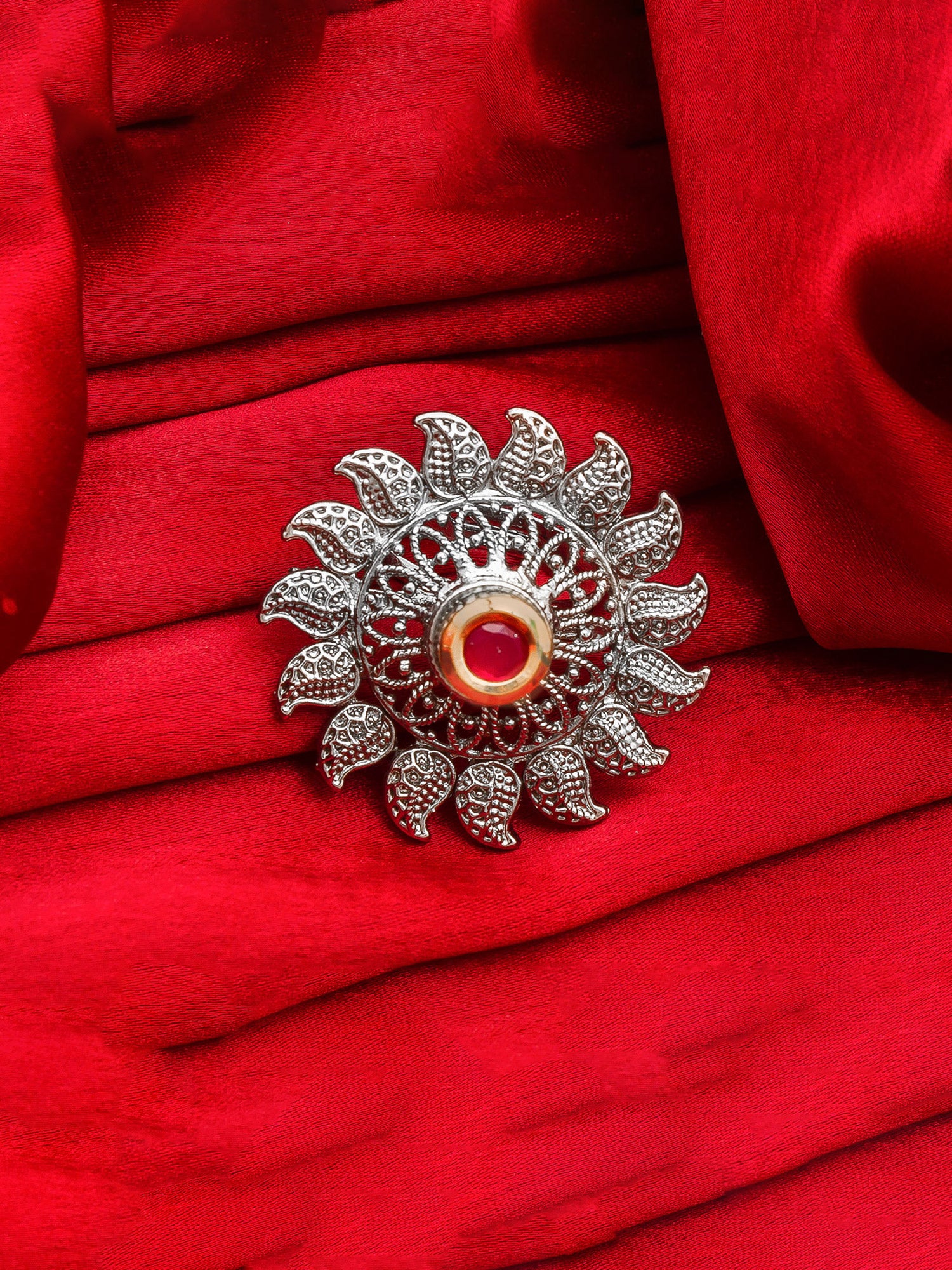 Aadita Filigree Oxidized Chakra Ring with Red Stone Highlight