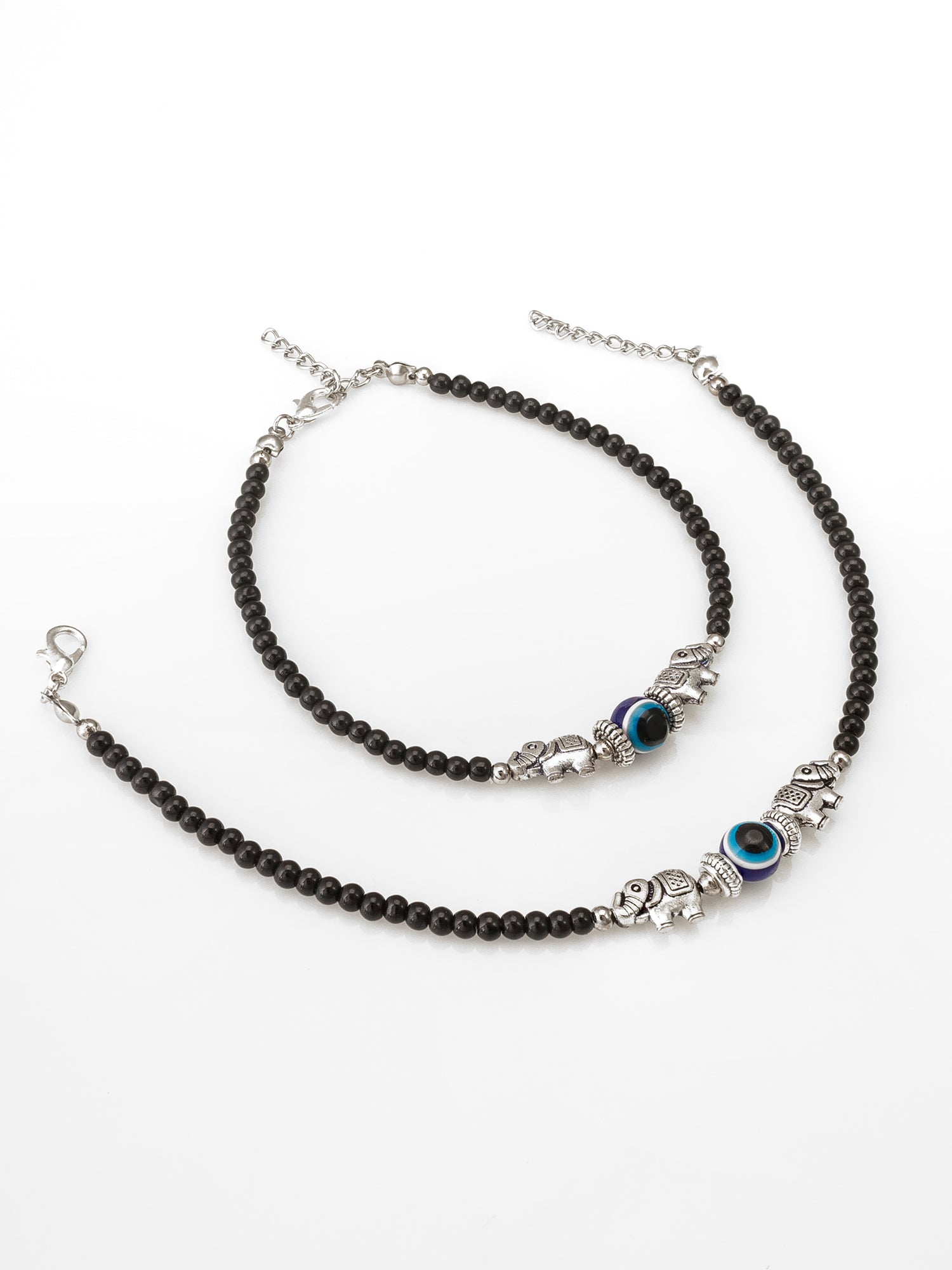 Aadita Oxidized Silver Elephant and Evil Eye Black Bead Anklets