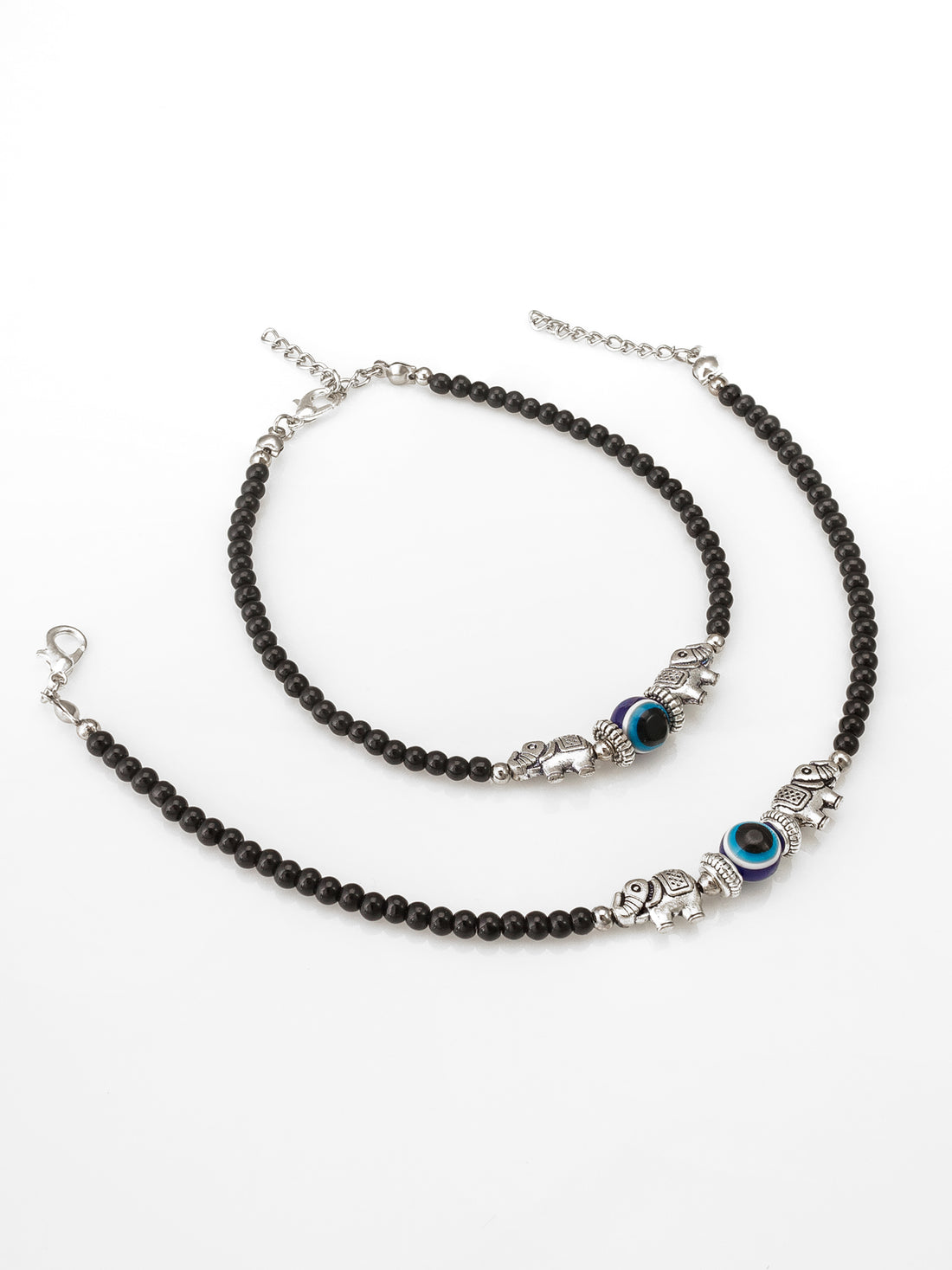 Aadita Oxidized Silver Elephant and Evil Eye Black Bead Anklets