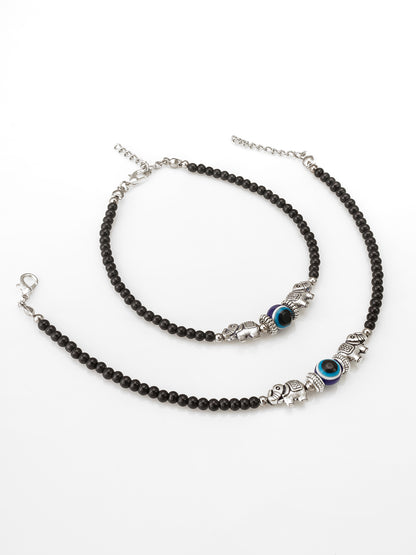 Aadita Oxidized Silver Elephant and Evil Eye Black Bead Anklets