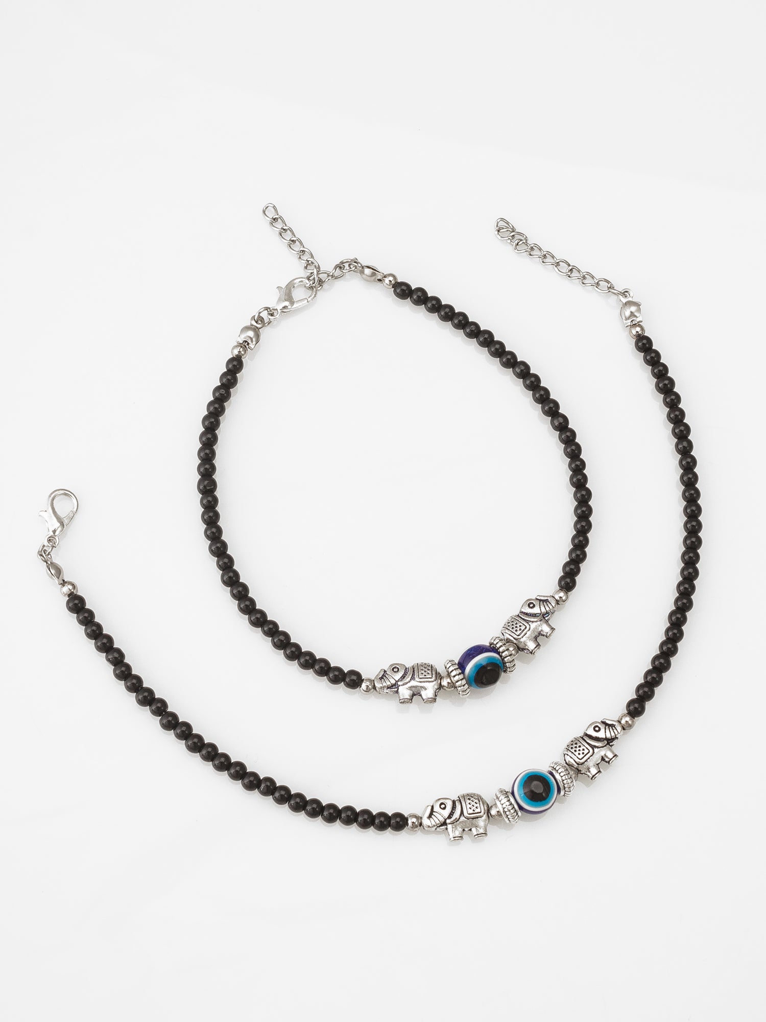 Aadita Oxidized Silver Elephant and Evil Eye Black Bead Anklets