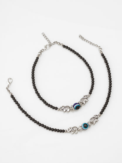 Aadita Oxidized Silver Elephant and Evil Eye Black Bead Anklets