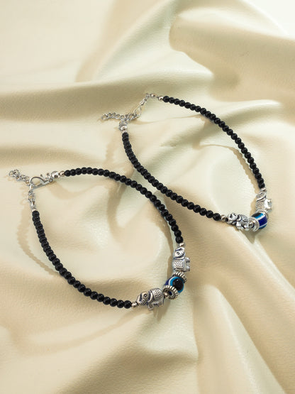 Aadita Oxidized Silver Elephant and Evil Eye Black Bead Anklets