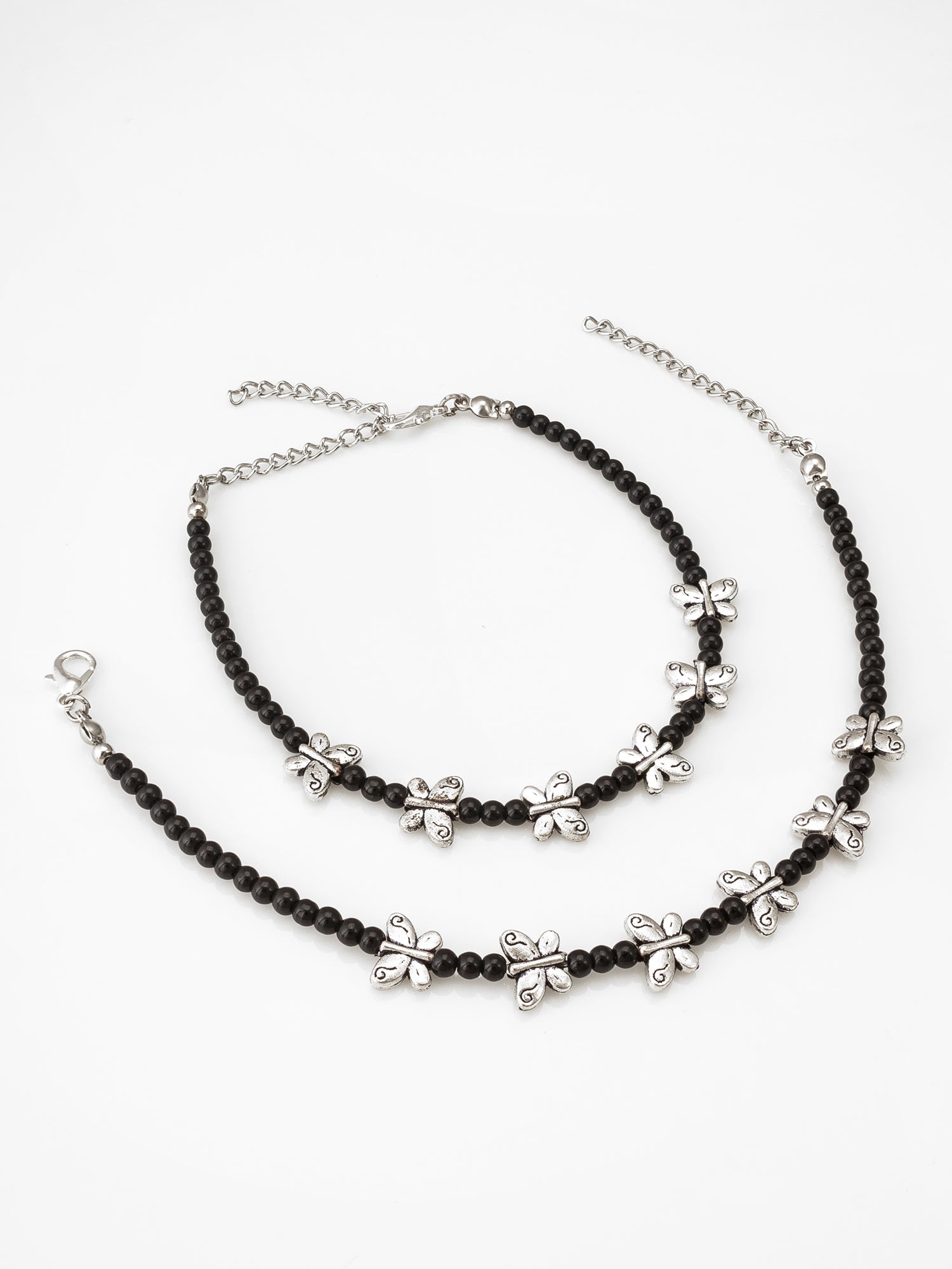Aadita Oxidized Silver Butterfly Charm Black Beaded Anklets