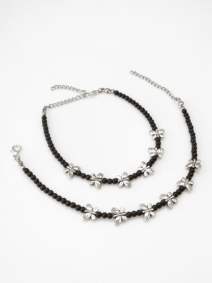 Aadita Oxidized Silver Butterfly Charm Black Beaded Anklets