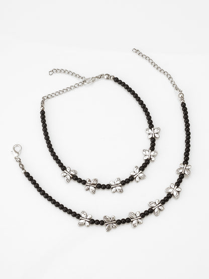 Aadita Oxidized Silver Butterfly Charm Black Beaded Anklets