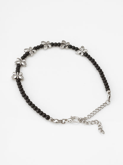 Aadita Oxidized Silver Butterfly Charm Black Beaded Anklets