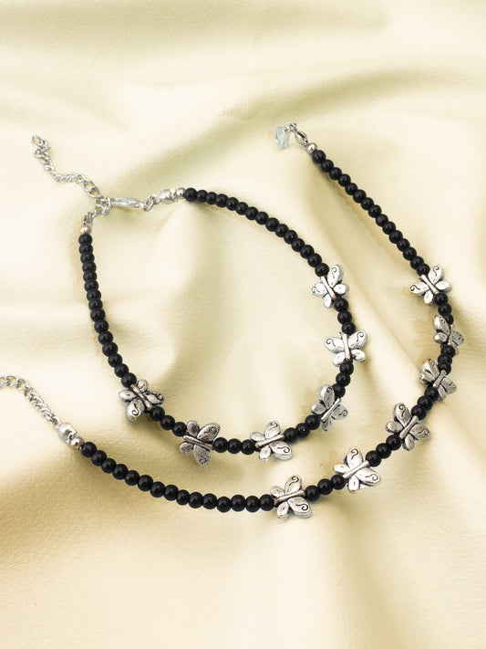 Aadita Oxidized Silver Butterfly Charm Black Beaded Anklets