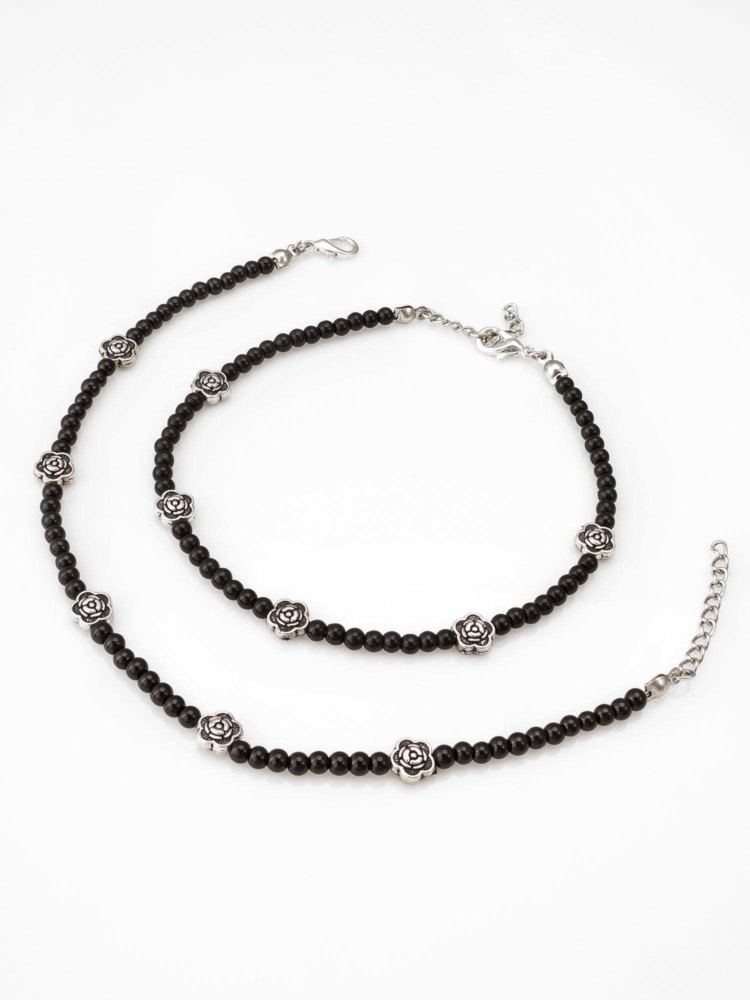 Aadita Oxidized Silver Rose Motif Black Bead Anklets