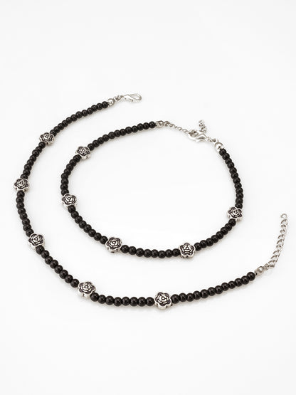 Aadita Oxidized Silver Rose Motif Black Bead Anklets