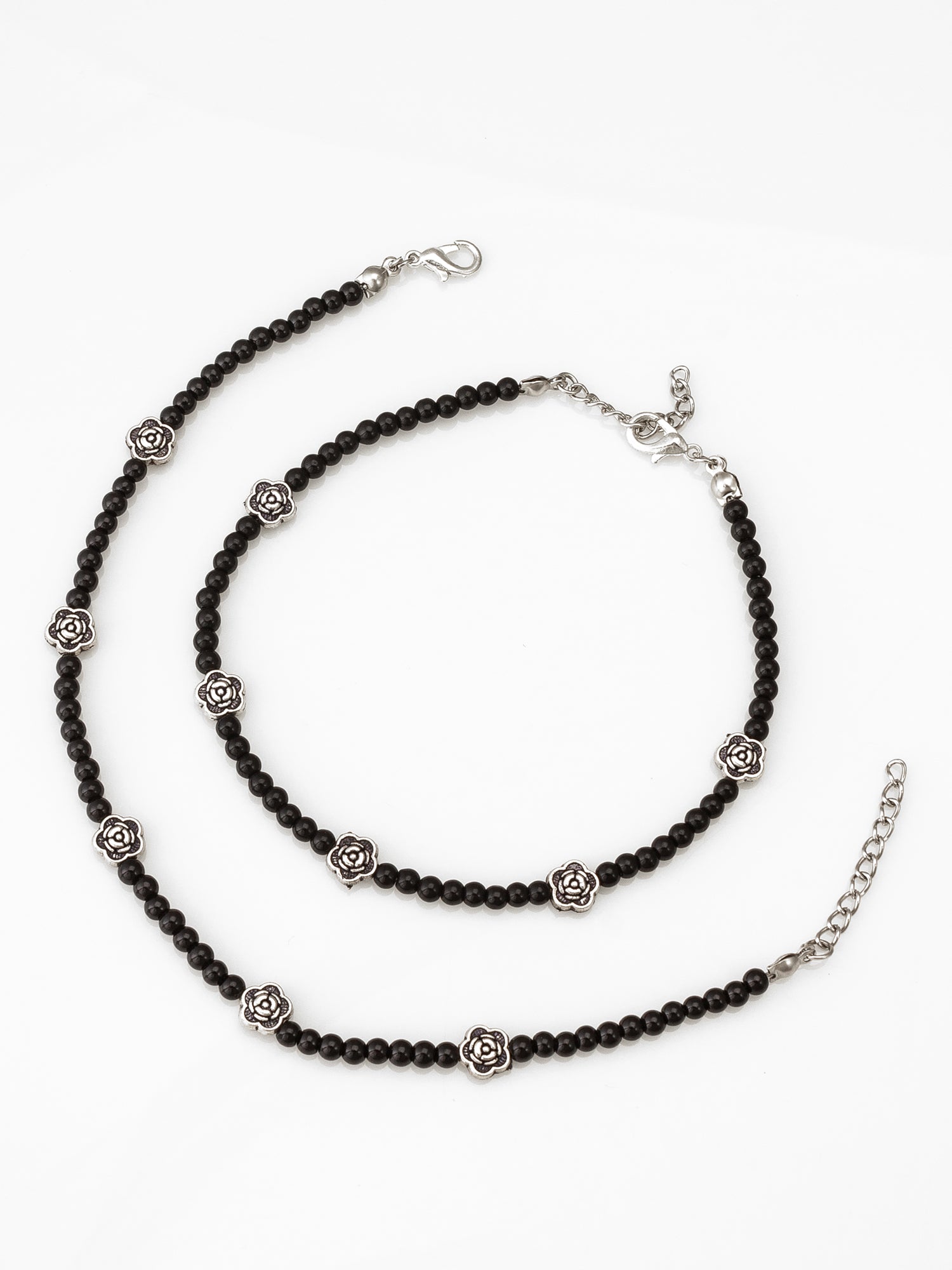 Aadita Oxidized Silver Rose Motif Black Bead Anklets
