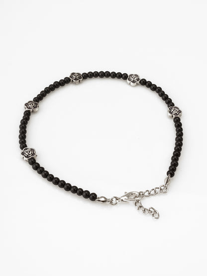 Aadita Oxidized Silver Rose Motif Black Bead Anklets