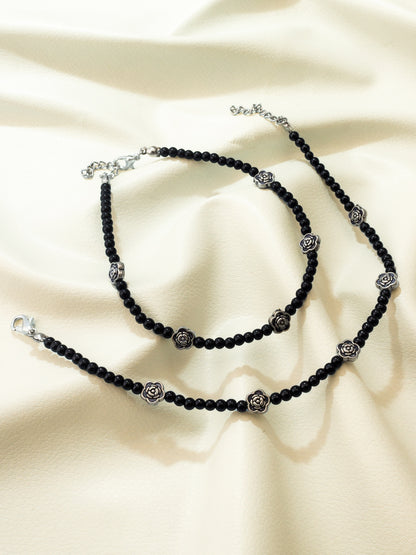 Aadita Oxidized Silver Rose Motif Black Bead Anklets