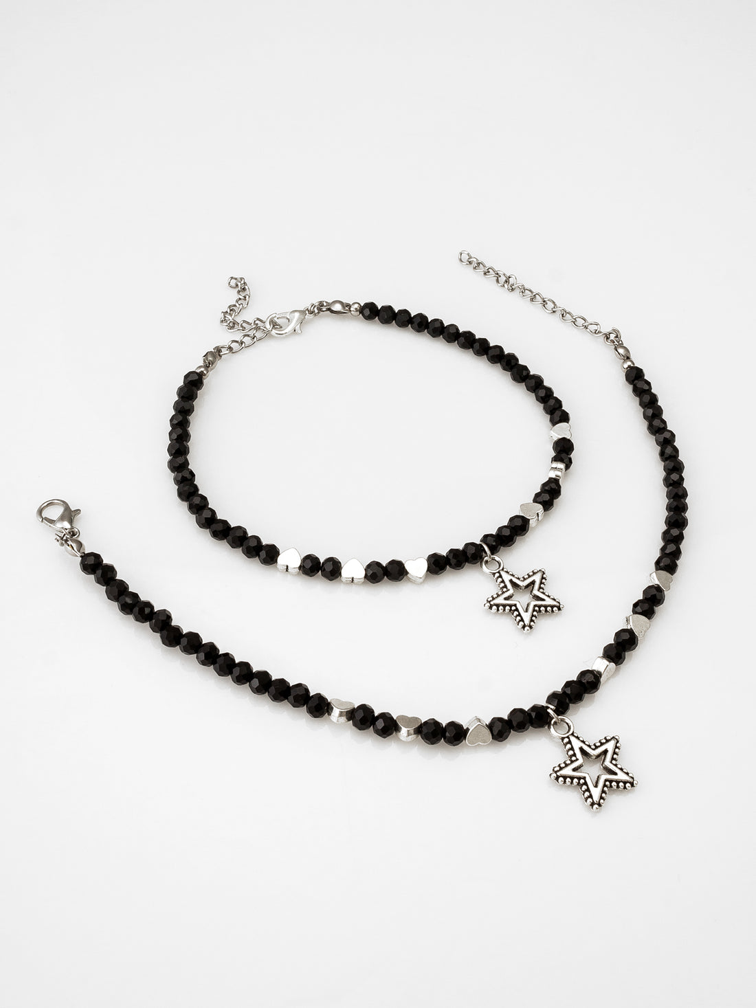 Aadita Oxidized Silver Star and Heart Charm Black Beaded Anklets