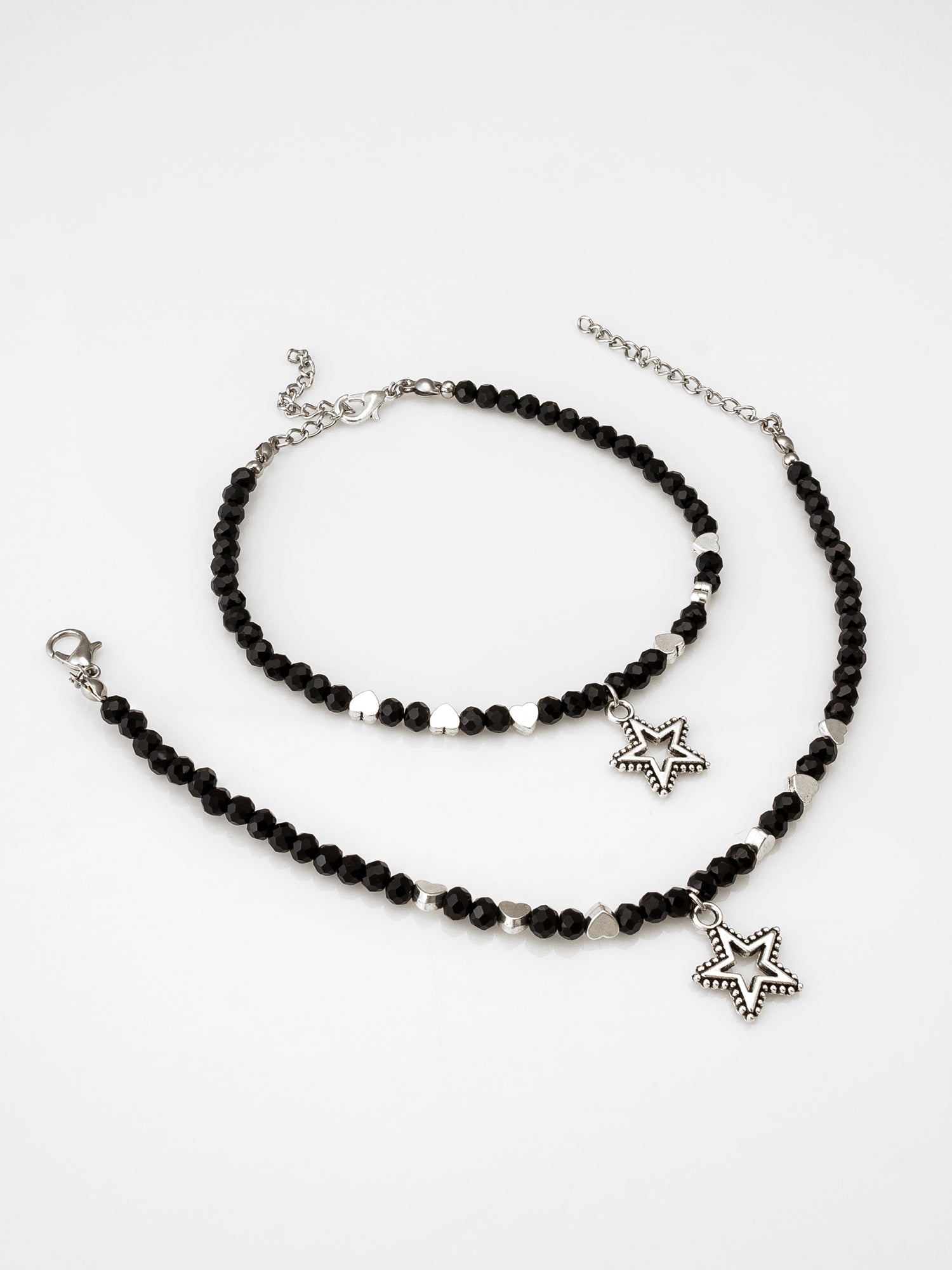Aadita Oxidized Silver Star and Heart Charm Black Beaded Anklets