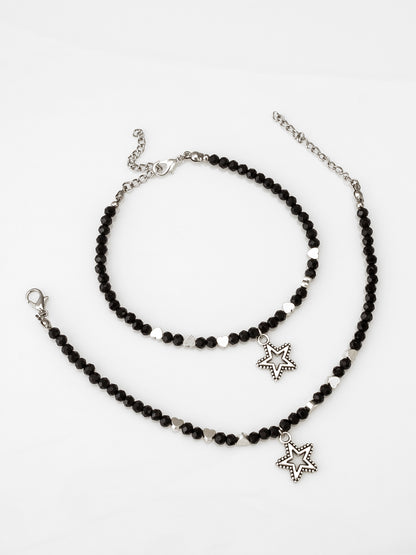 Aadita Oxidized Silver Star and Heart Charm Black Beaded Anklets