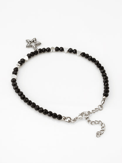 Aadita Oxidized Silver Star and Heart Charm Black Beaded Anklets