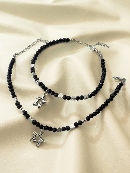 Aadita Oxidized Silver Star and Heart Charm Black Beaded Anklets
