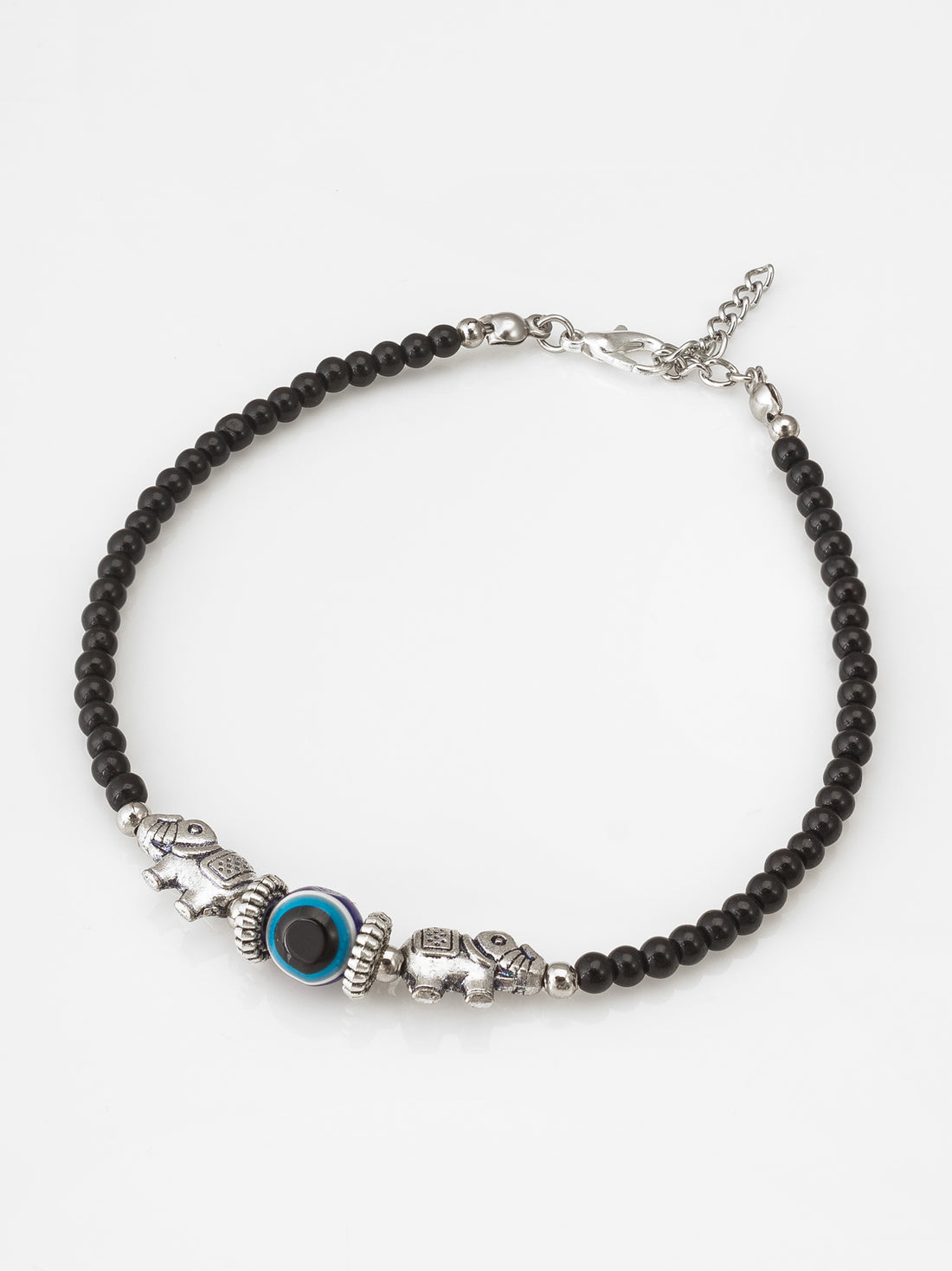Aadita Oxidized Silver Elephant Evil Eye Single Black Bead Anklet