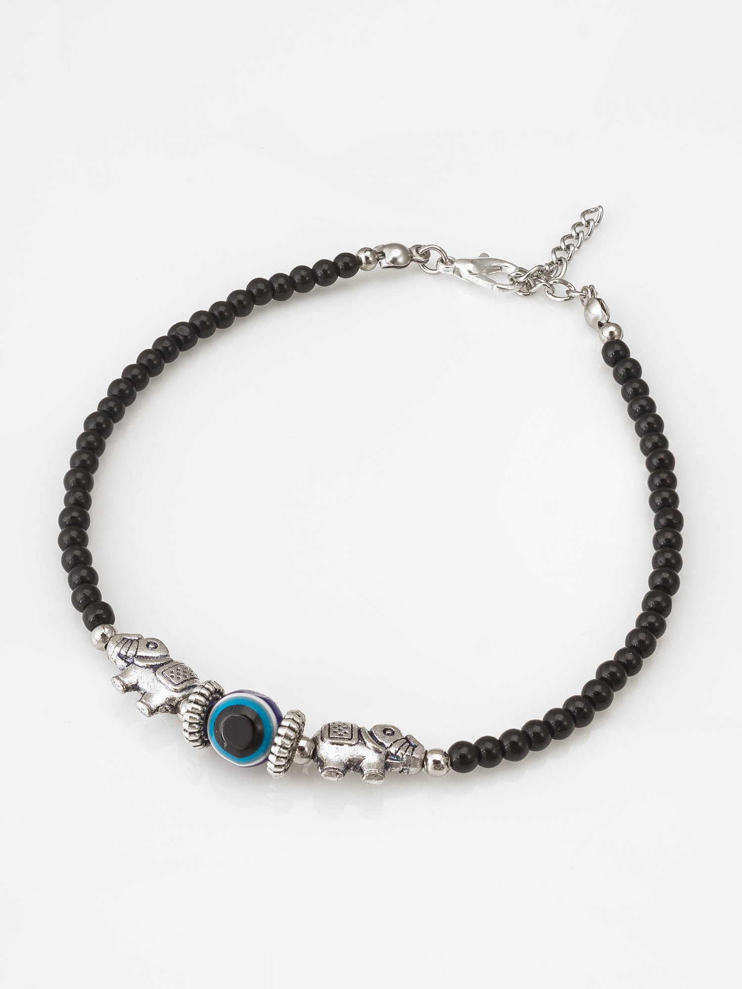 Aadita Oxidized Silver Elephant Evil Eye Single Black Bead Anklet