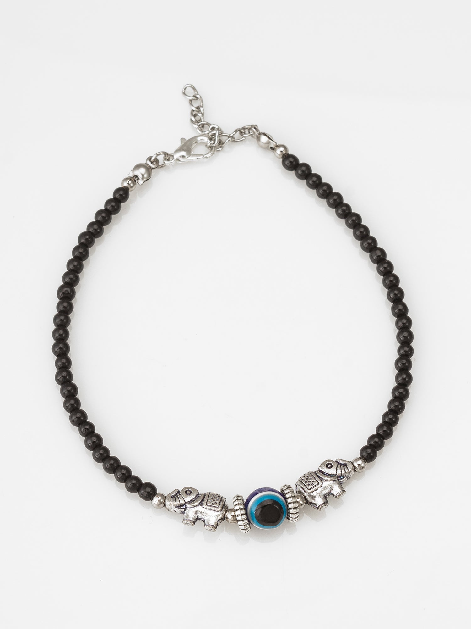 Aadita Oxidized Silver Elephant Evil Eye Single Black Bead Anklet
