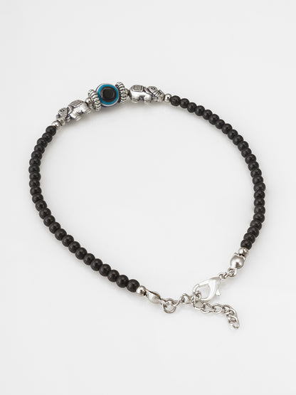 Aadita Oxidized Silver Elephant Evil Eye Single Black Bead Anklet