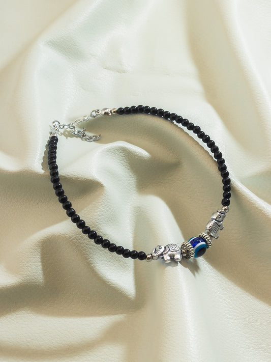 Aadita Oxidized Silver Elephant Evil Eye Single Black Bead Anklet
