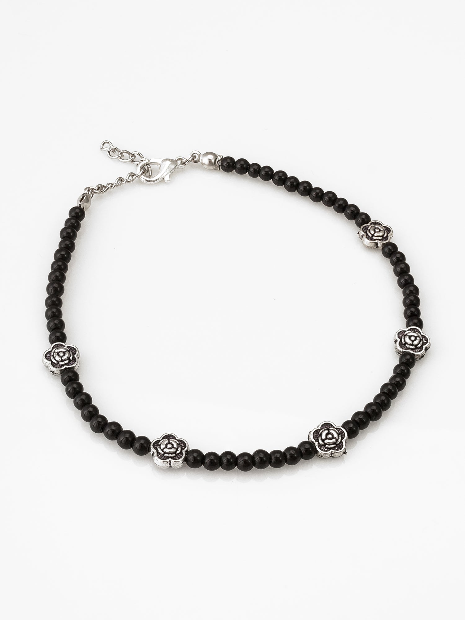Aadita Oxidized Silver Floral Charm Single Black Beaded Anklet