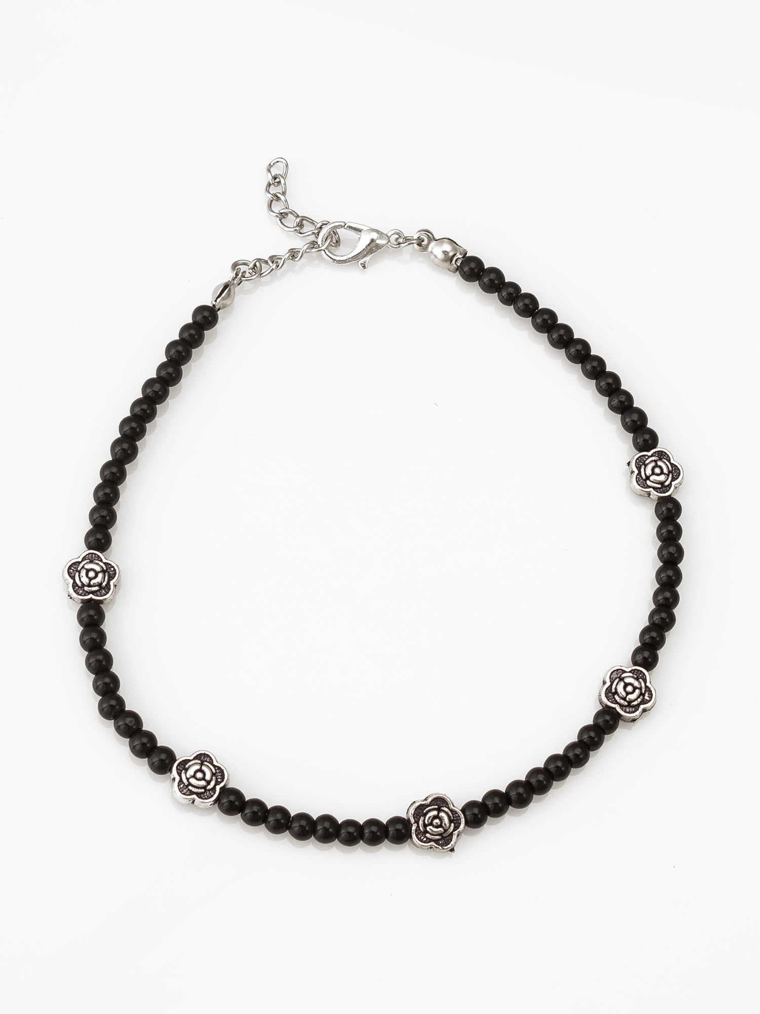 Aadita Oxidized Silver Floral Charm Single Black Beaded Anklet