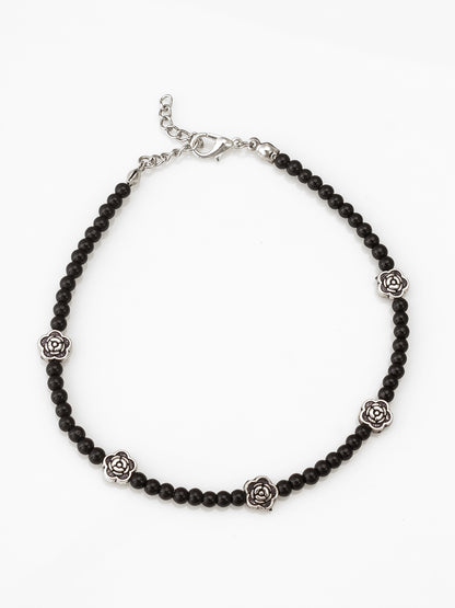Aadita Oxidized Silver Floral Charm Single Black Beaded Anklet