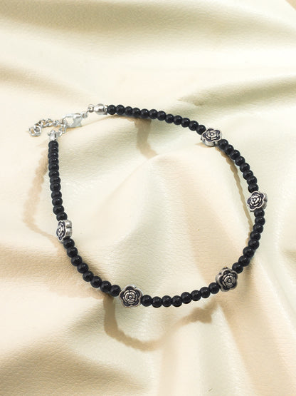 Aadita Oxidized Silver Floral Charm Single Black Beaded Anklet