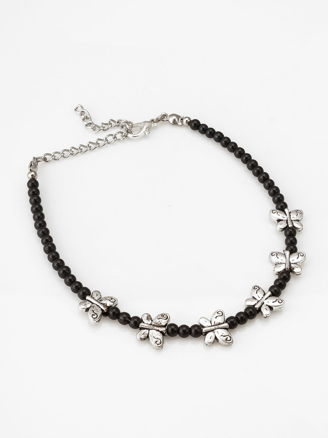 Aadita Oxidized Silver Butterfly Motif Single Black Bead Anklet