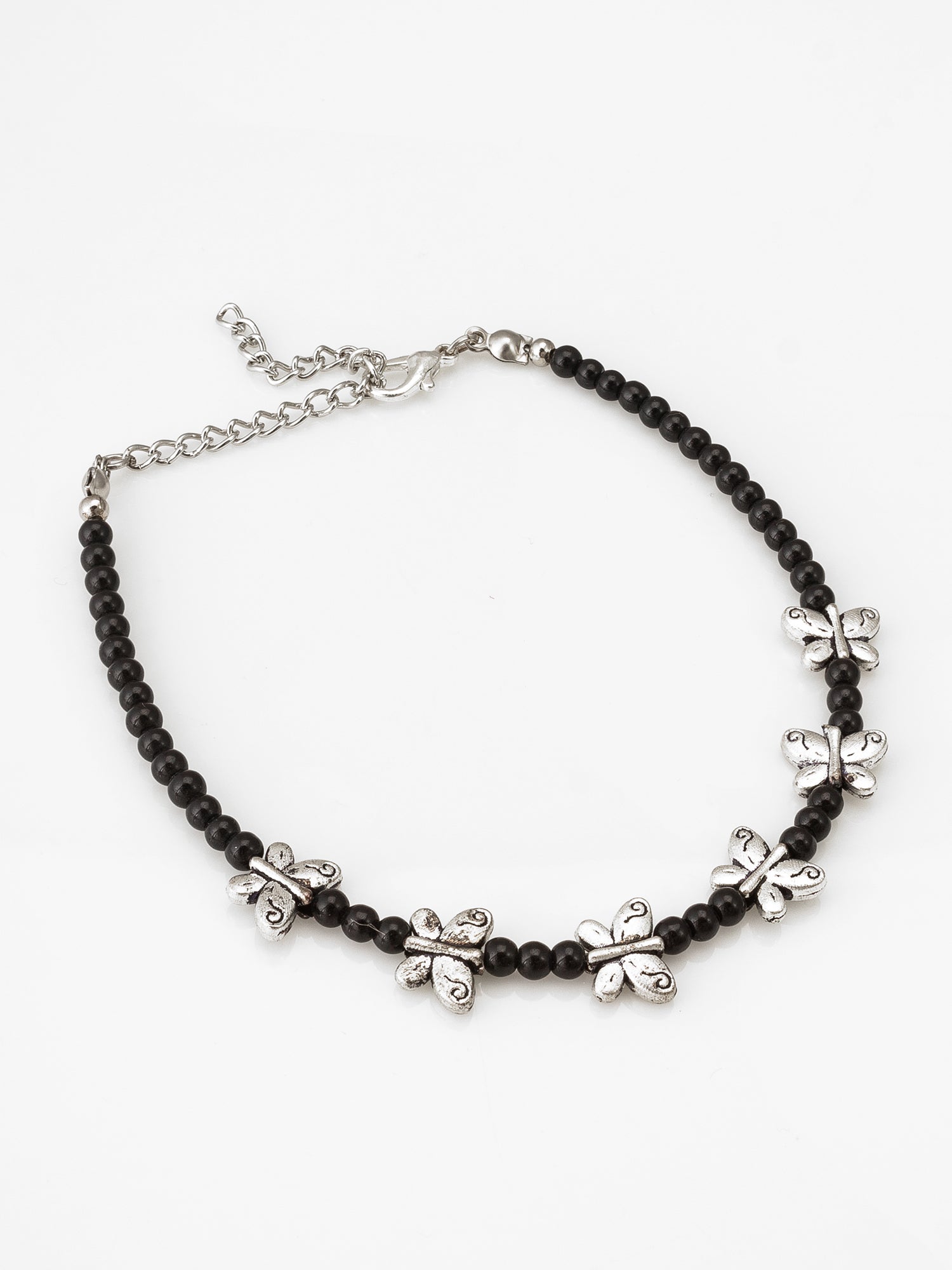 Aadita Oxidized Silver Butterfly Motif Single Black Bead Anklet