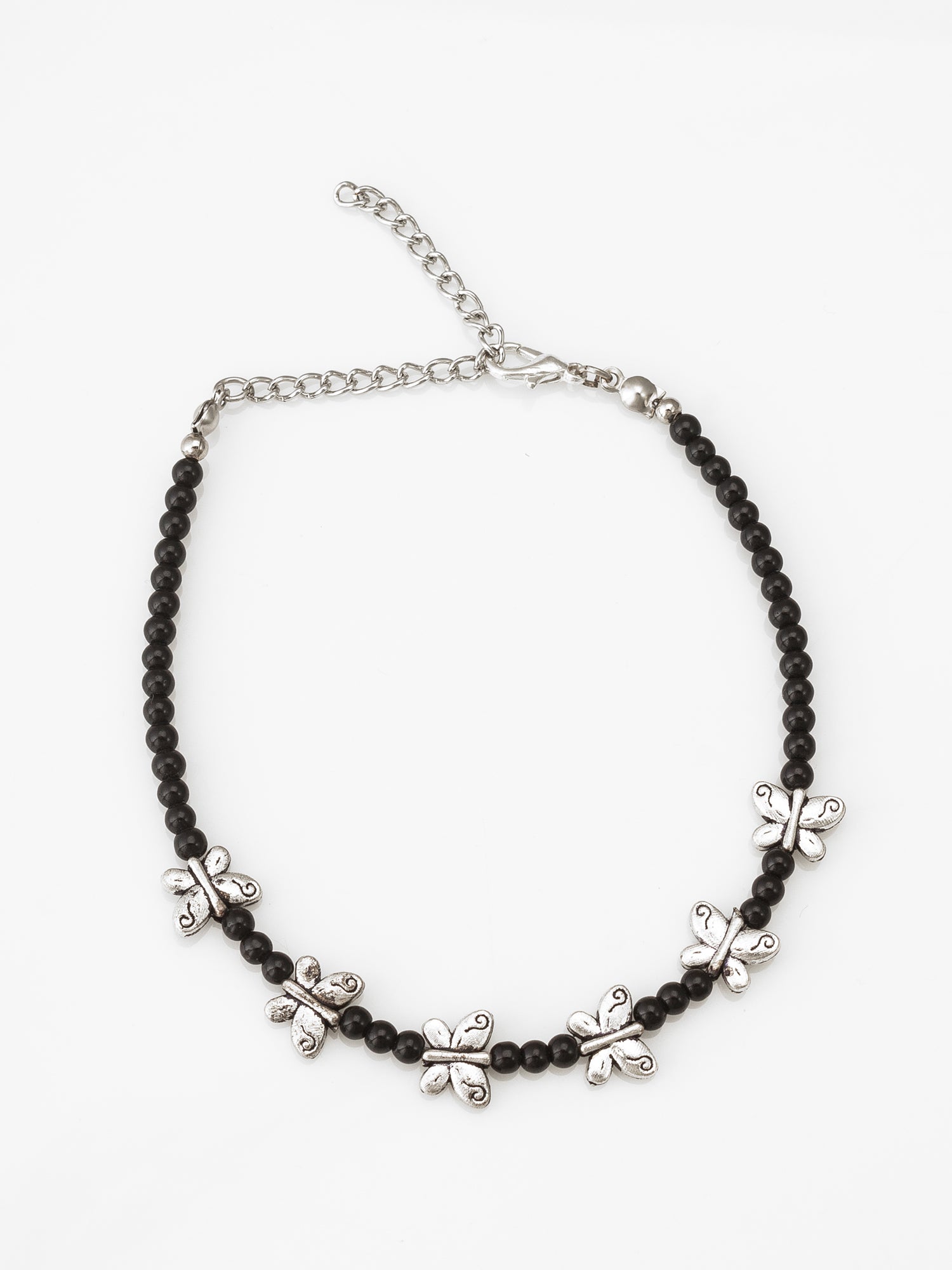 Aadita Oxidized Silver Butterfly Motif Single Black Bead Anklet