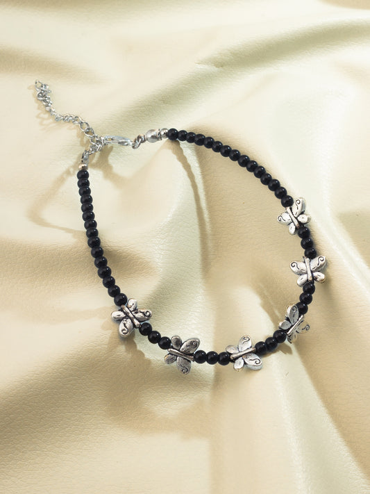 Aadita Oxidized Silver Butterfly Motif Single Black Bead Anklet