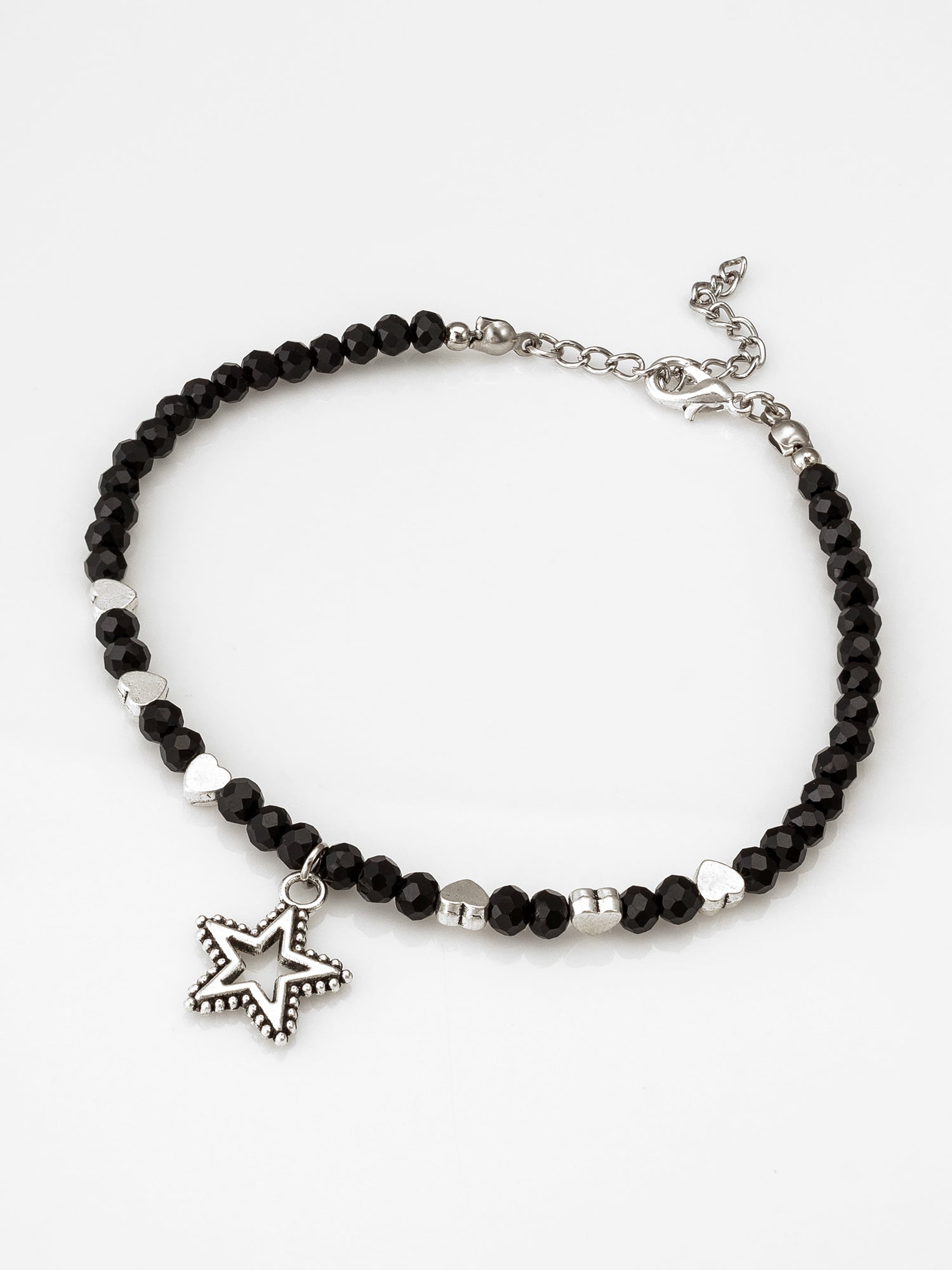 Aadita Oxidized Silver Star Dangle Single Black Faceted Bead Anklet