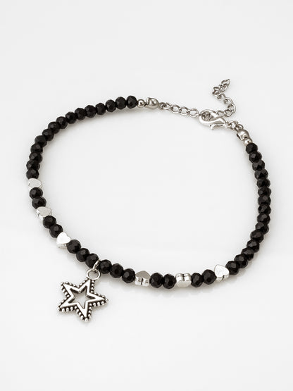 Aadita Oxidized Silver Star Dangle Single Black Faceted Bead Anklet