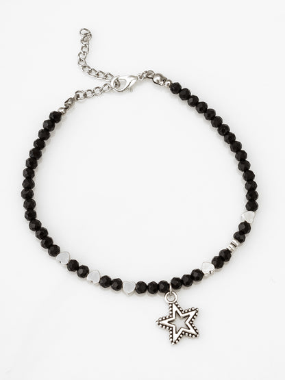 Aadita Oxidized Silver Star Dangle Single Black Faceted Bead Anklet