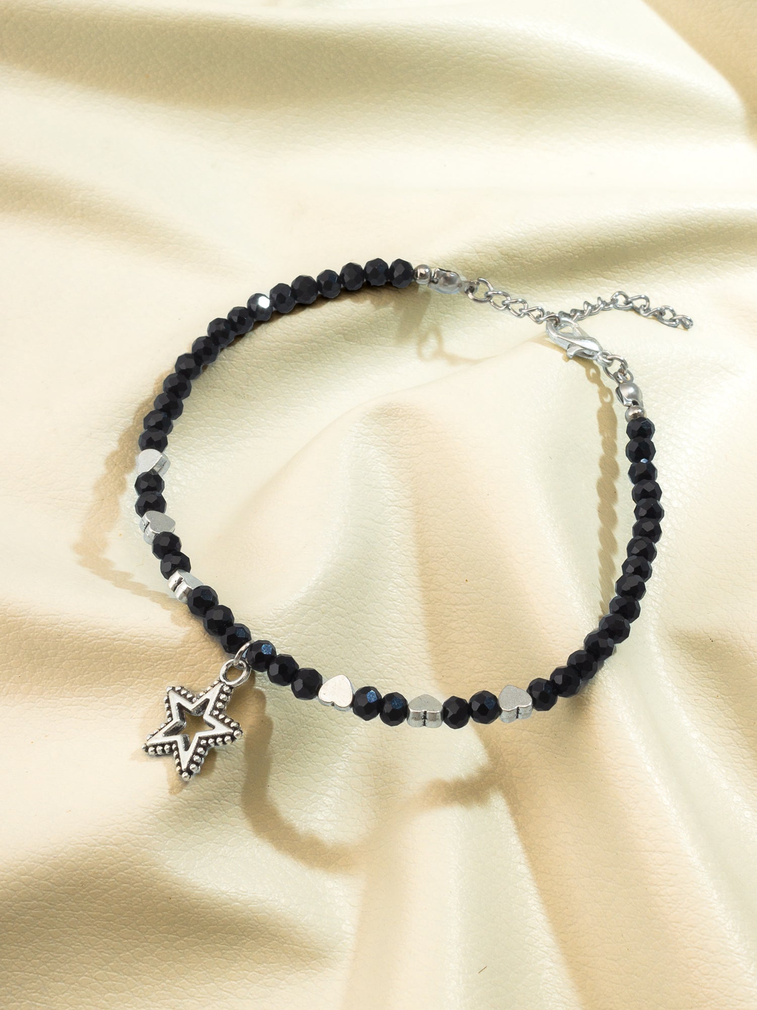 Aadita Oxidized Silver Star Dangle Single Black Faceted Bead Anklet
