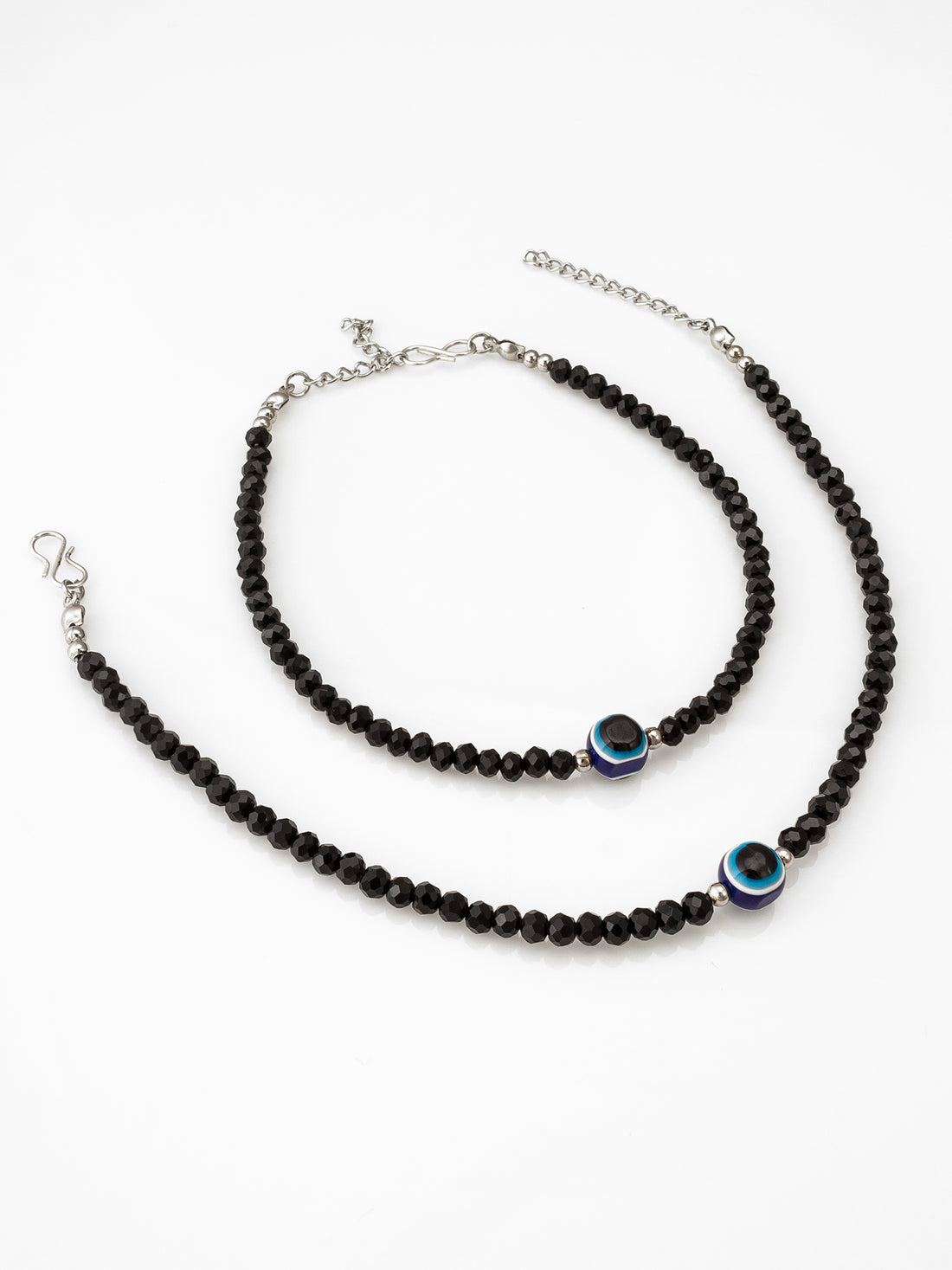 Aadita Oxidized Silver Evil Eye Faceted Black Bead Anklets