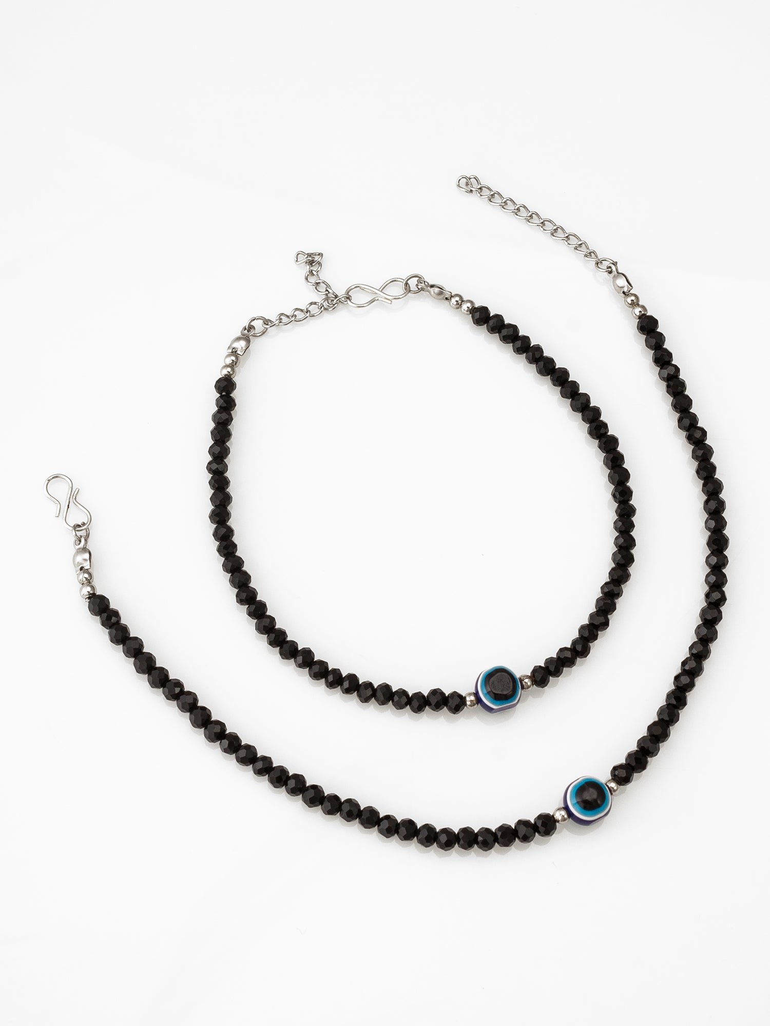 Aadita Oxidized Silver Evil Eye Faceted Black Bead Anklets