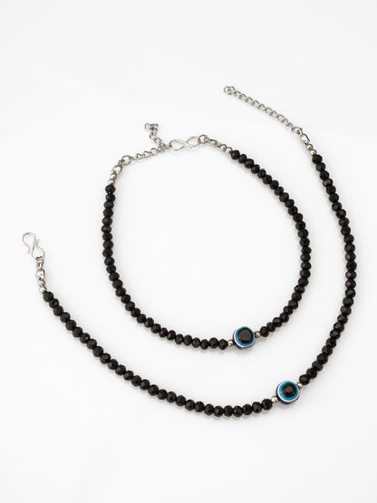 Aadita Oxidized Silver Evil Eye Faceted Black Bead Anklets