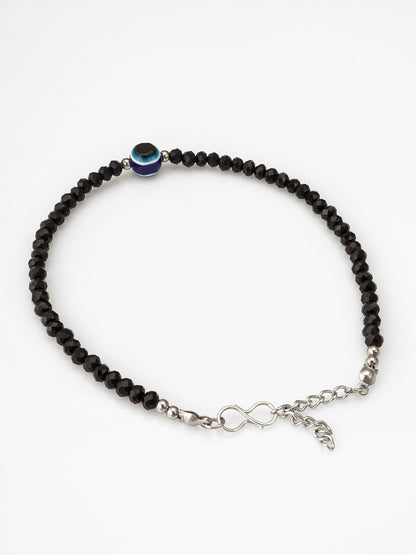 Aadita Oxidized Silver Evil Eye Faceted Black Bead Anklets